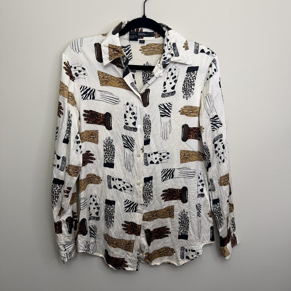 ISHYU Shirt Womens 8 White Silk Glove Animal Print Button Front Long Sleeve
